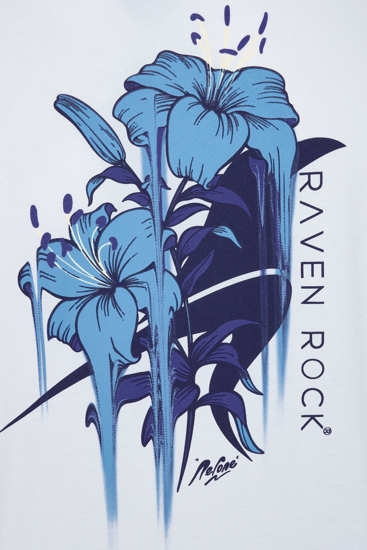 Close-up of Nerone floral screen print on back of white t-shirt – made in the UK charity t-shirt