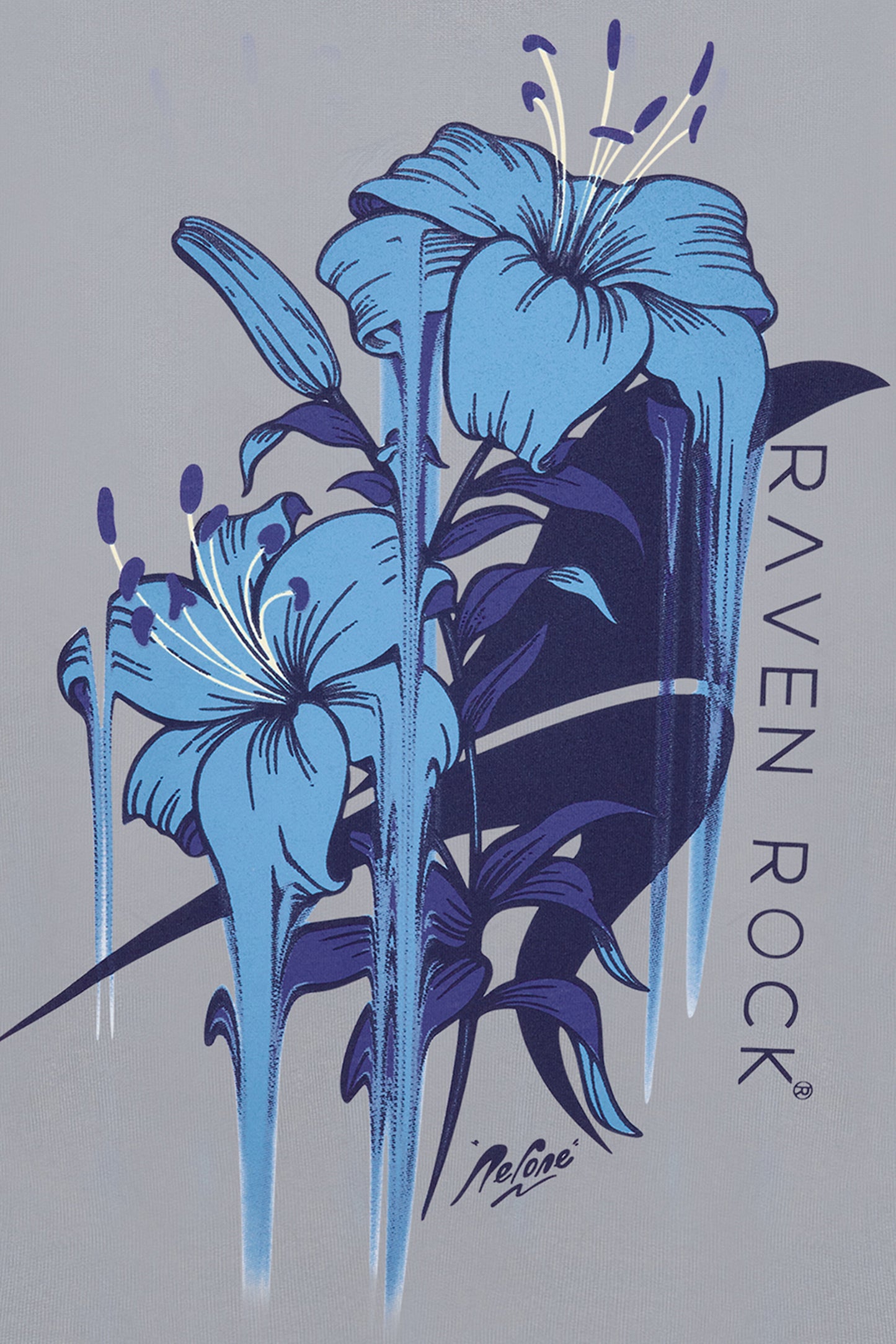 Close-up of Nerone floral artwork printed on the back of grey hoodie – British-made charity hoodie