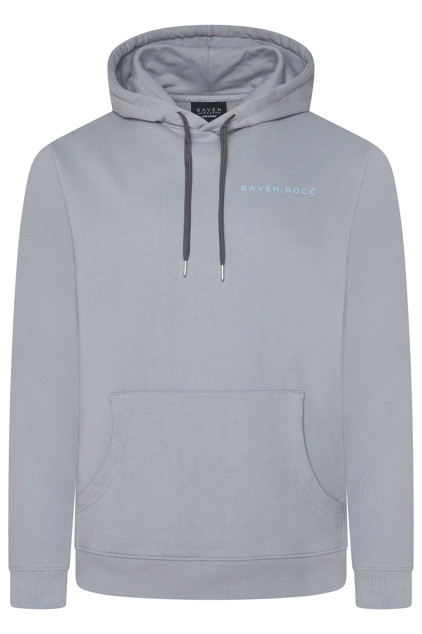 Front view of British-made grey hoodie with subtle RAVEN ROCK chest logo – RAVEN ROCK x Nerone collaboration
