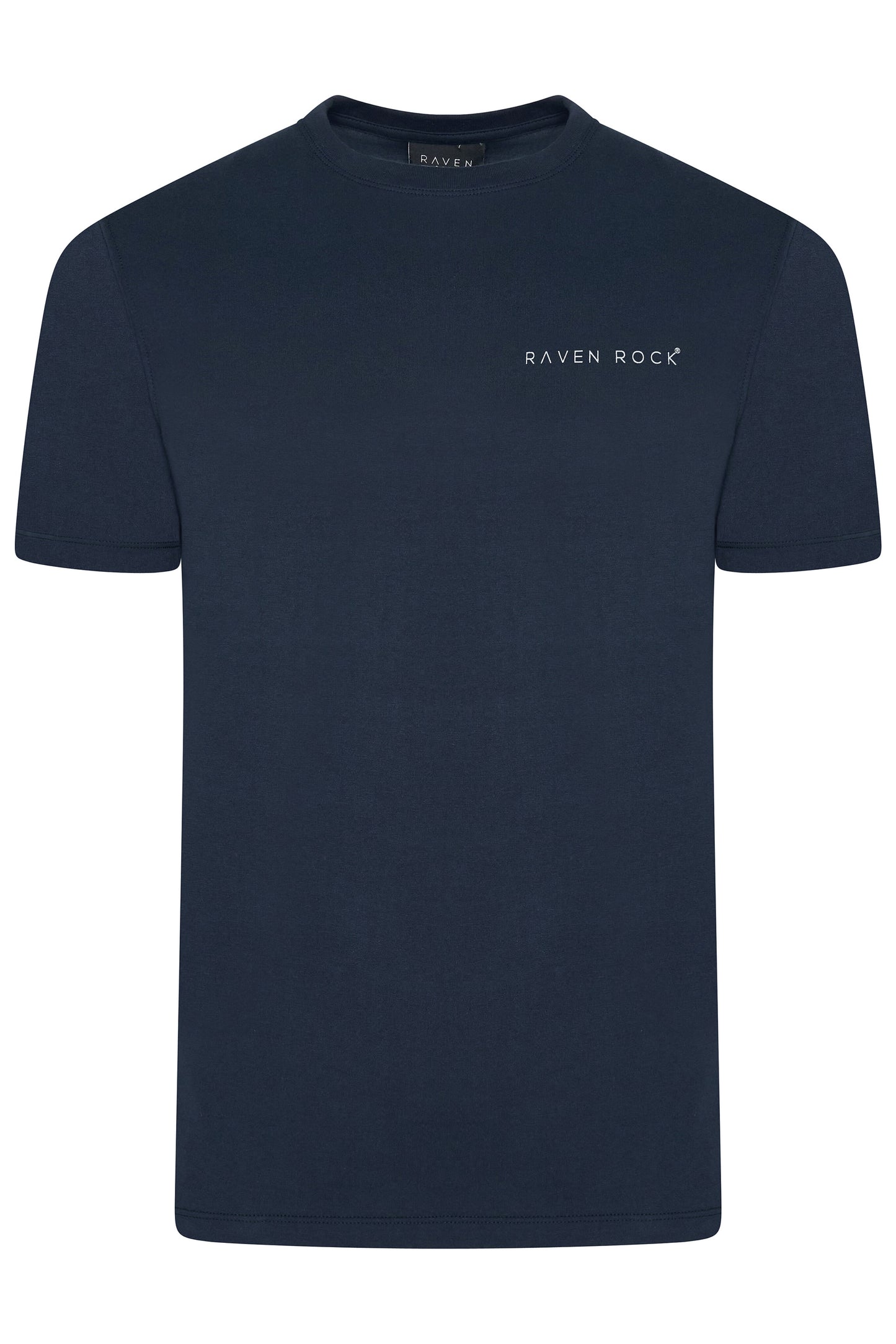 Front view of British-made navy t-shirt with RAVEN ROCK chest branding – RAVEN ROCK x Nerone