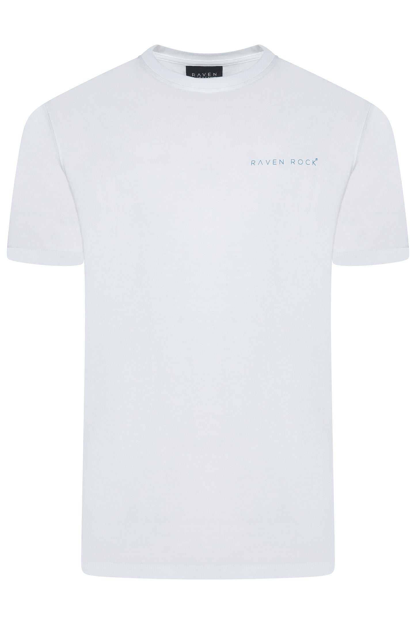 Front view of British-made white t-shirt with RAVEN ROCK chest detail – RAVEN ROCK x Nerone collection