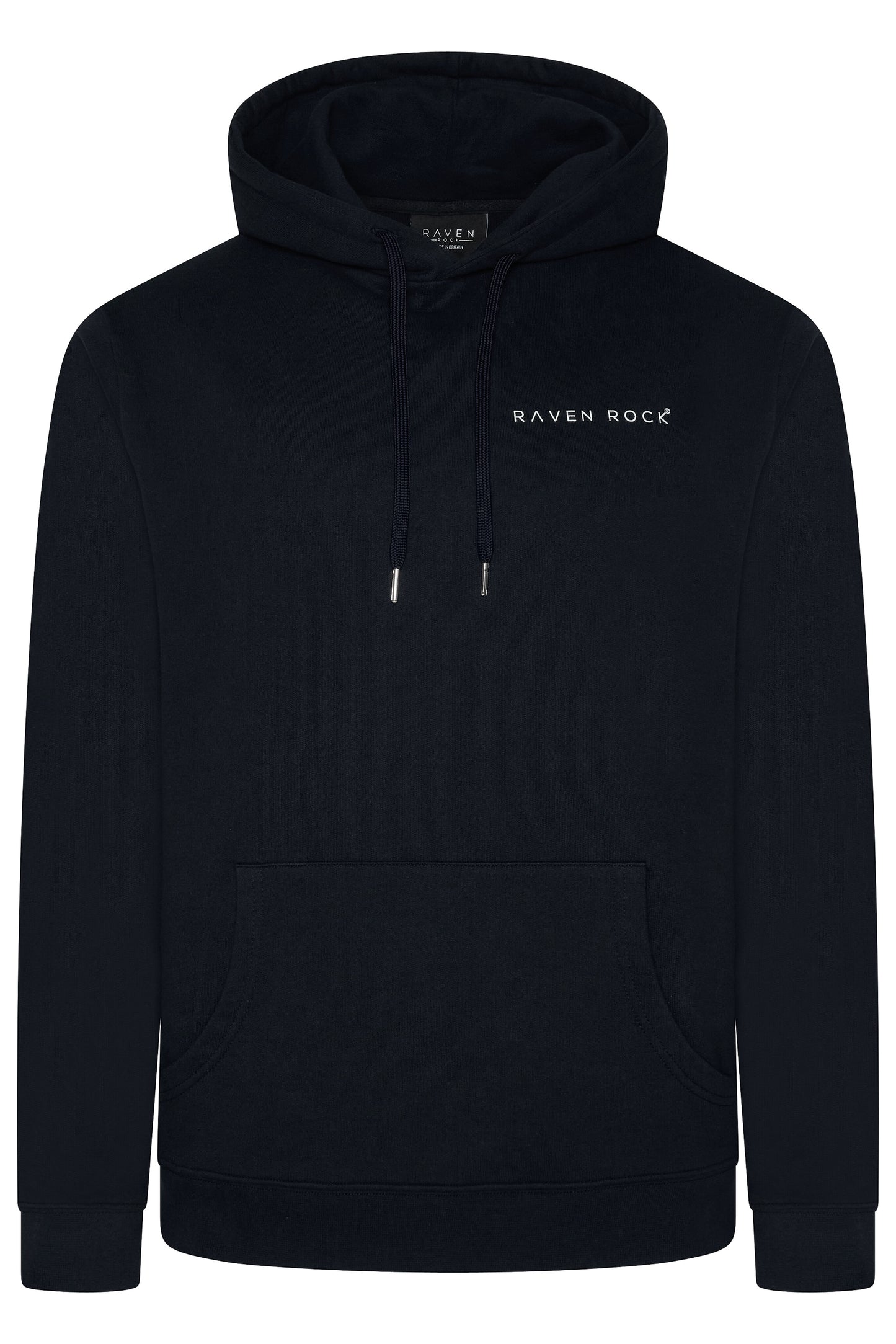 Front view of British-made black hoodie with RAVEN ROCK chest branding – Nerone x Winston’s Wish collaboration