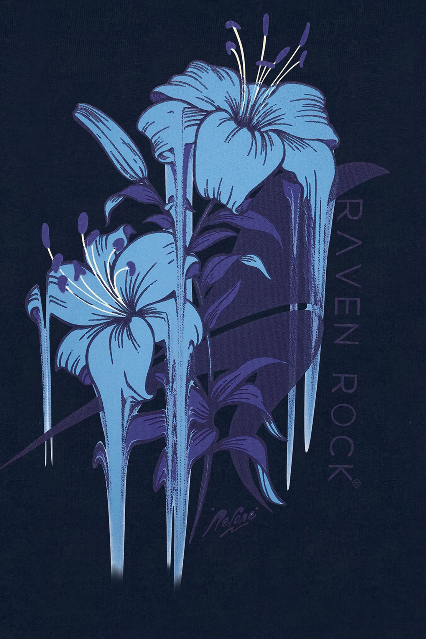 Close-up of Nerone floral screen print on back of navy hoodie – British-made hoodie with purpose