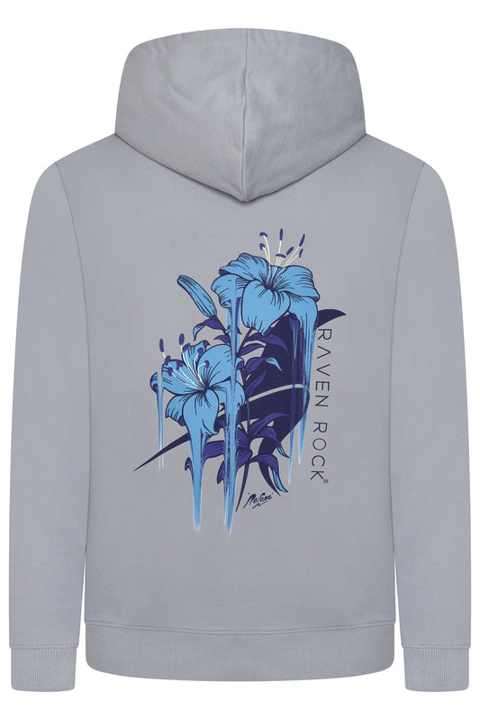 Back view of grey hoodie showing Nerone floral artwork screen-printed in blue – Winston’s Wish charity edition