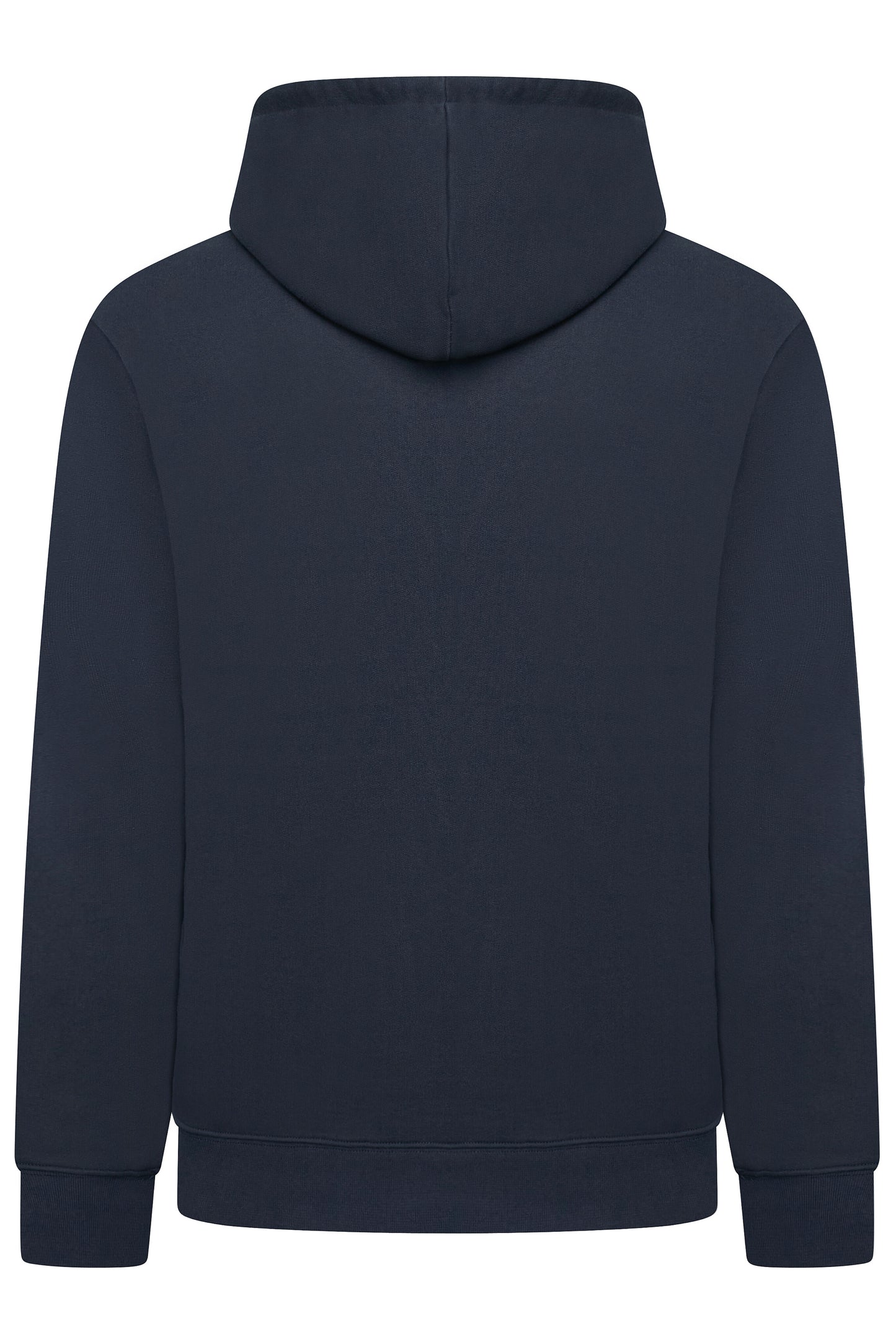 Men's navy blue hoodie shown from the back on a white background