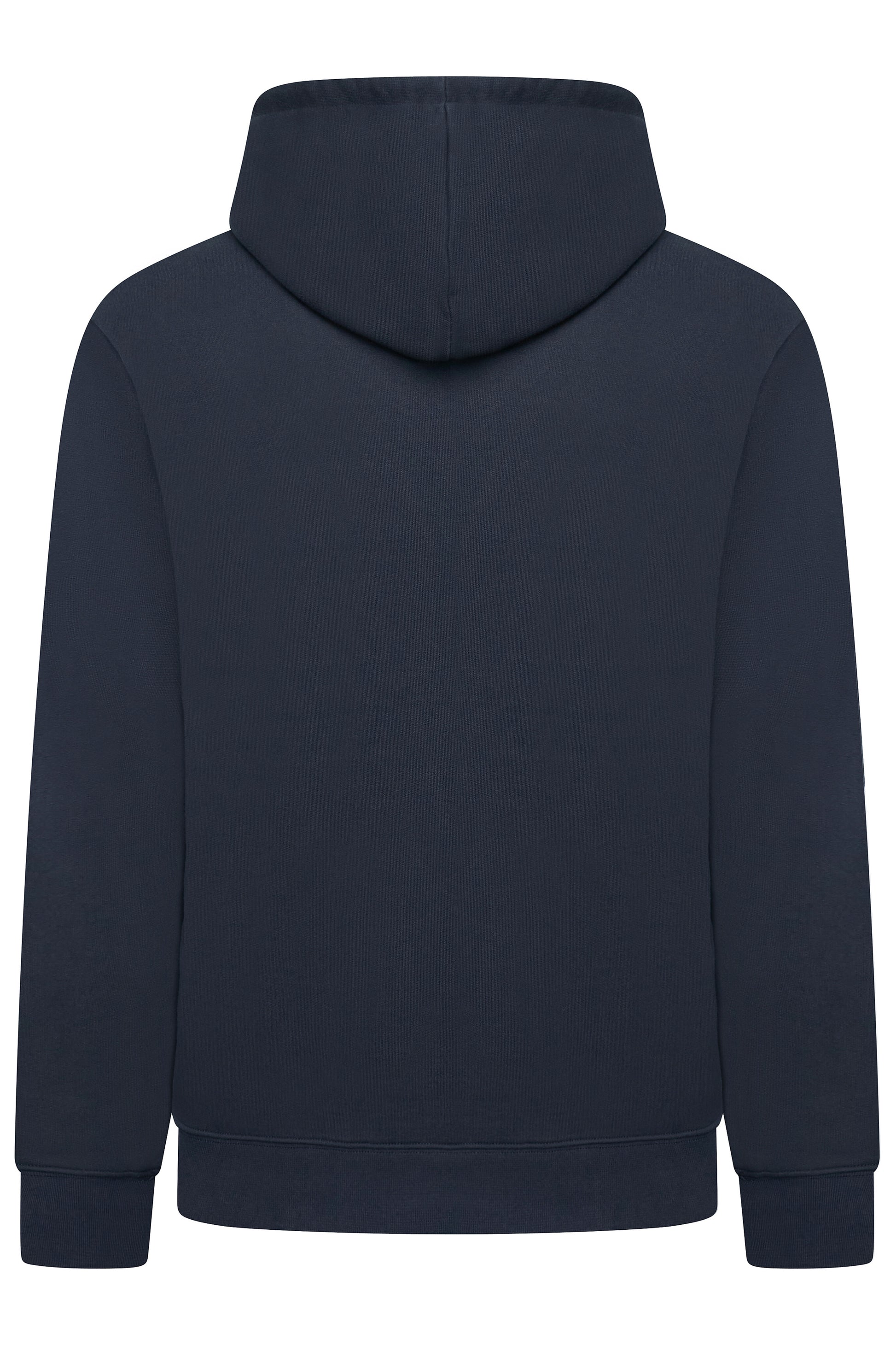 Men's navy blue hoodie shown from the back on a white background