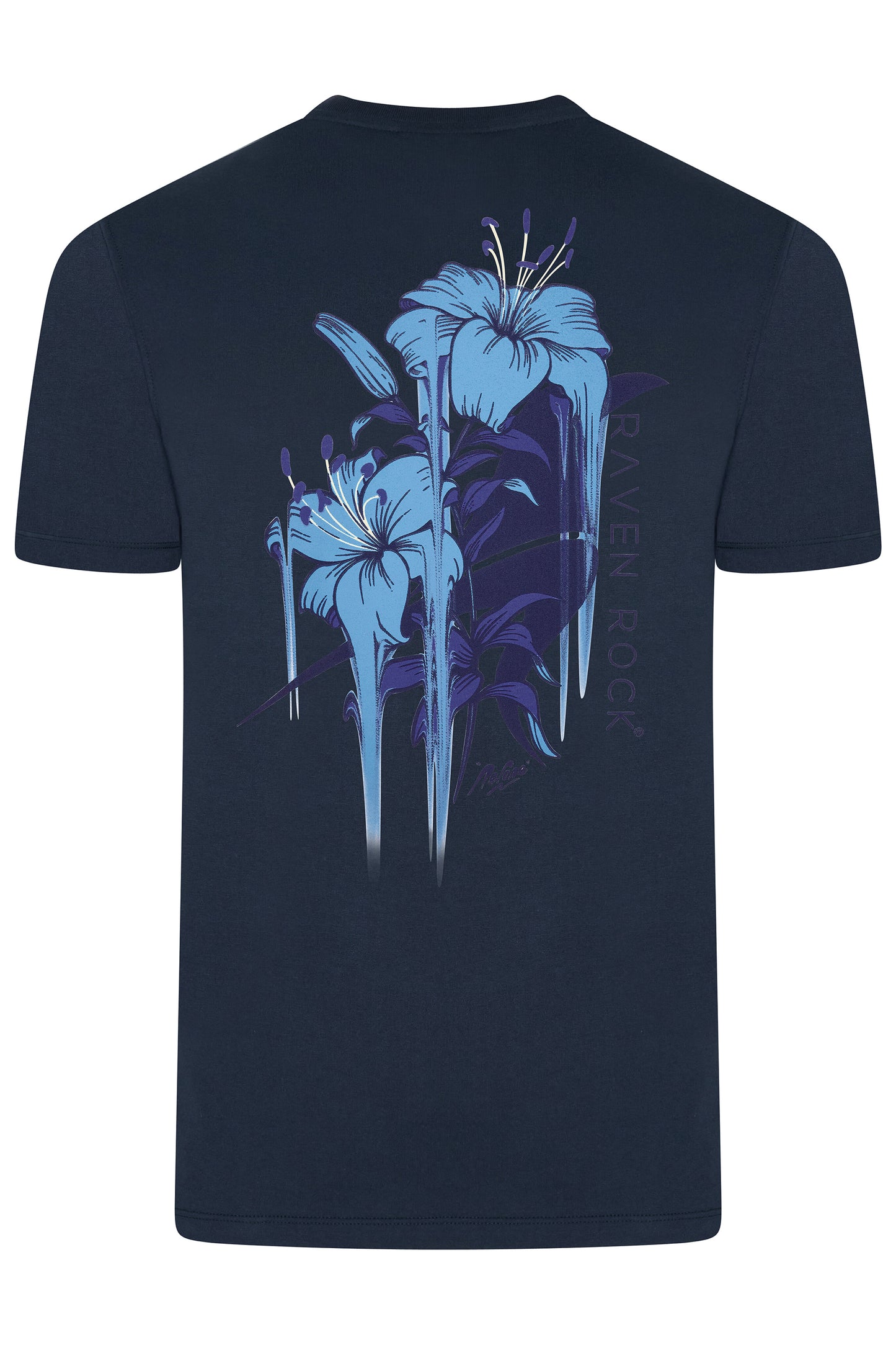 Back view of navy t-shirt with Nerone floral artwork in blue – Winston’s Wish charity edition