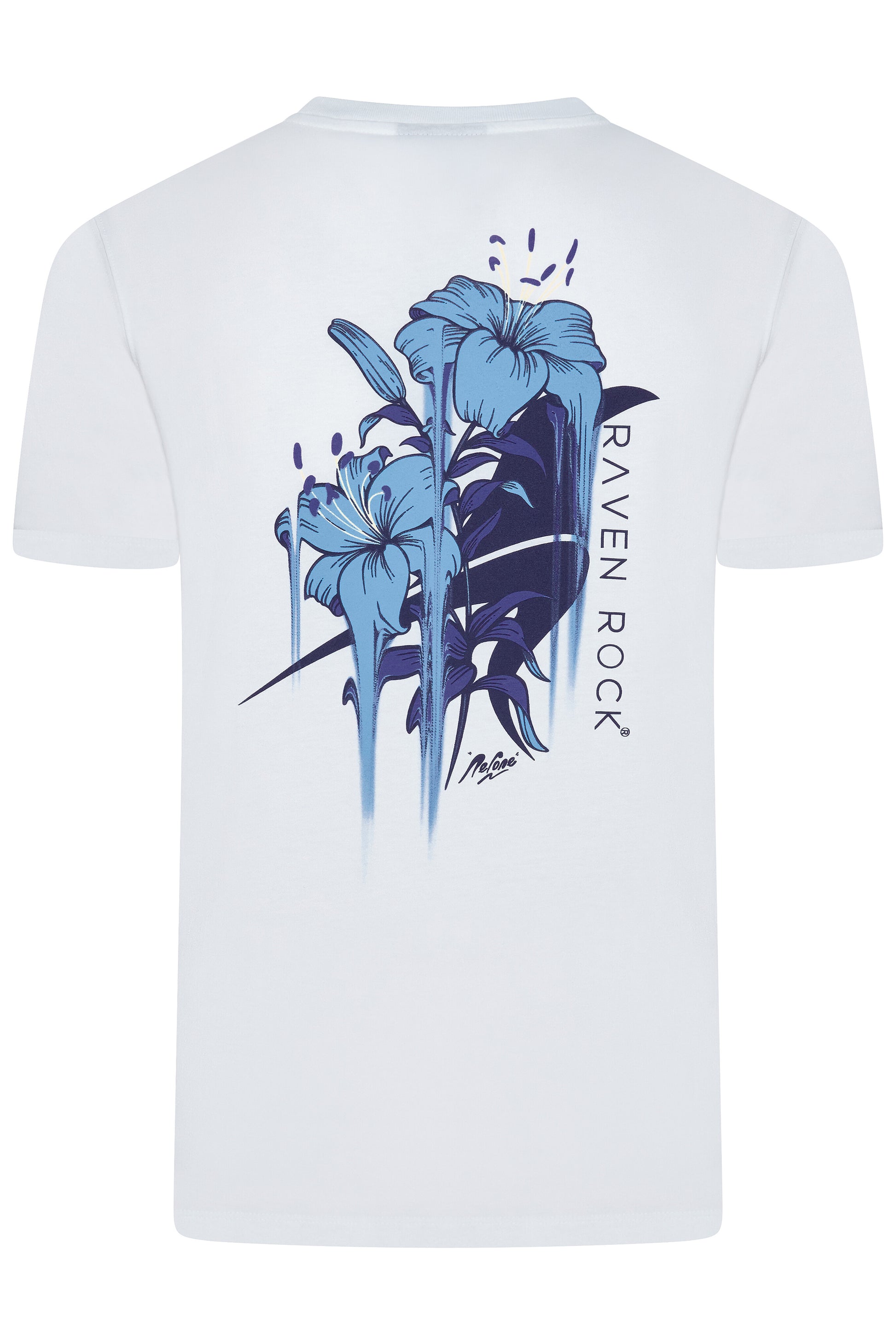 Back view of white t-shirt showing Nerone floral artwork in blue – Winston’s Wish collaboration