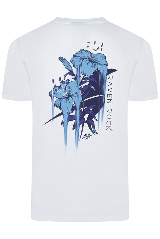 Back view of white t-shirt showing Nerone floral artwork in blue – Winston’s Wish collaboration
