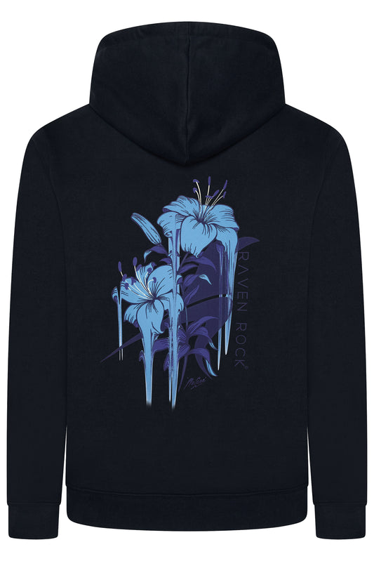 Back view of black hoodie with Nerone floral artwork in blue – supporting Winston’s Wish charity
