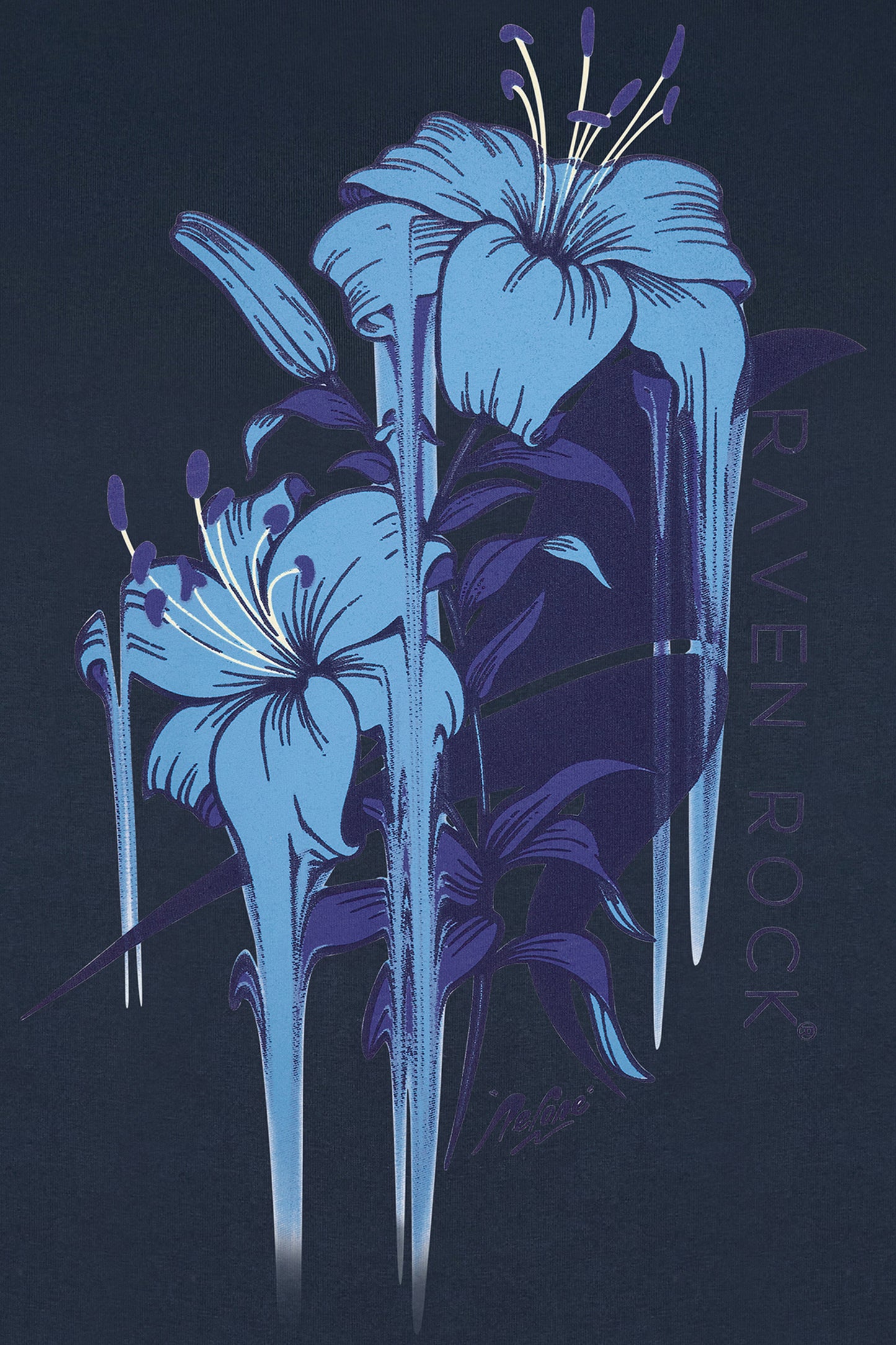 Close-up of Nerone floral print on back of navy t-shirt – British-made t-shirt supporting Winston’s Wish