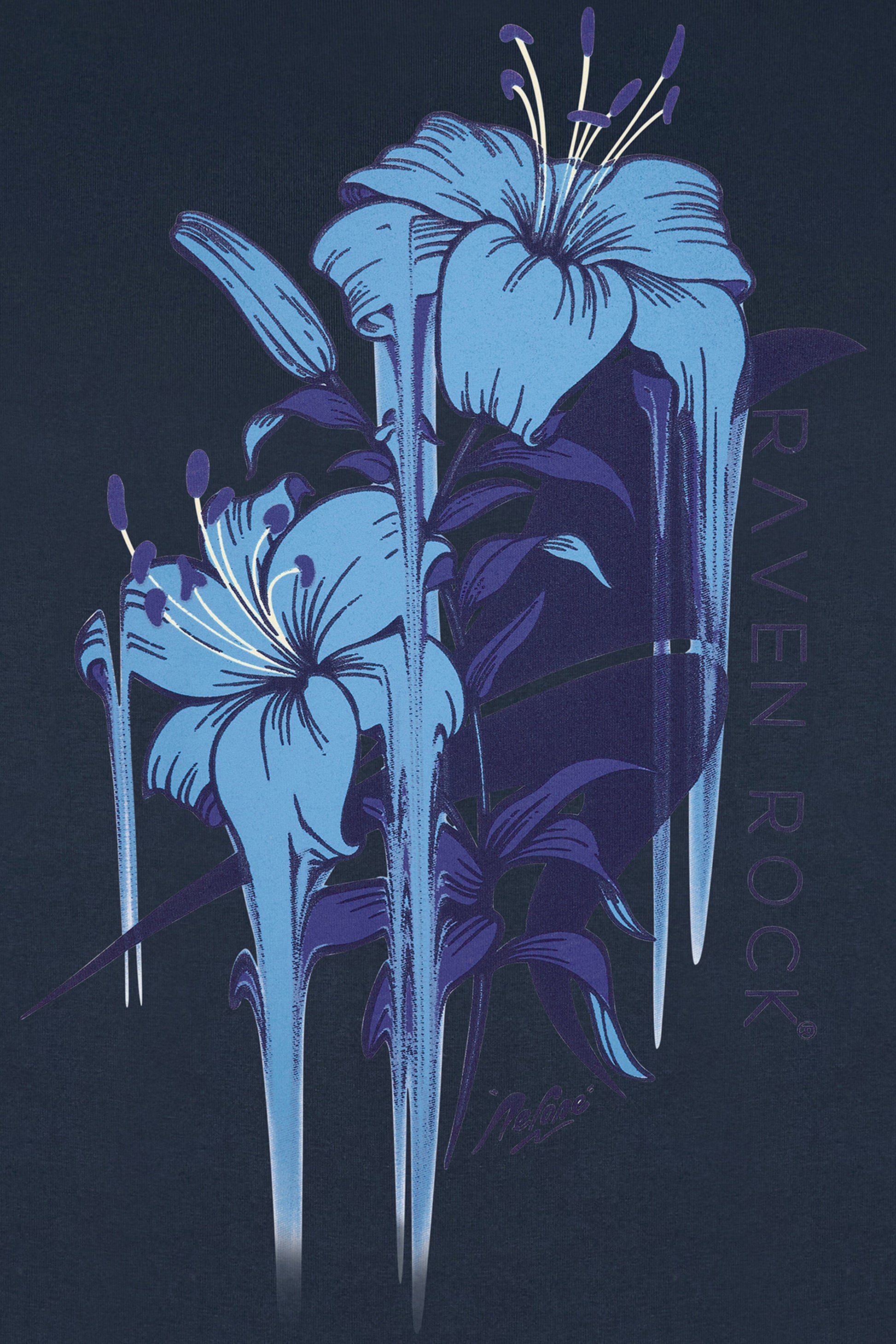 Close-up of Nerone floral print on back of navy t-shirt – British-made t-shirt supporting Winston’s Wish