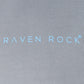 Close-up of RAVEN ROCK printed logo on grey hoodie chest – made in the UK, traceable cotton