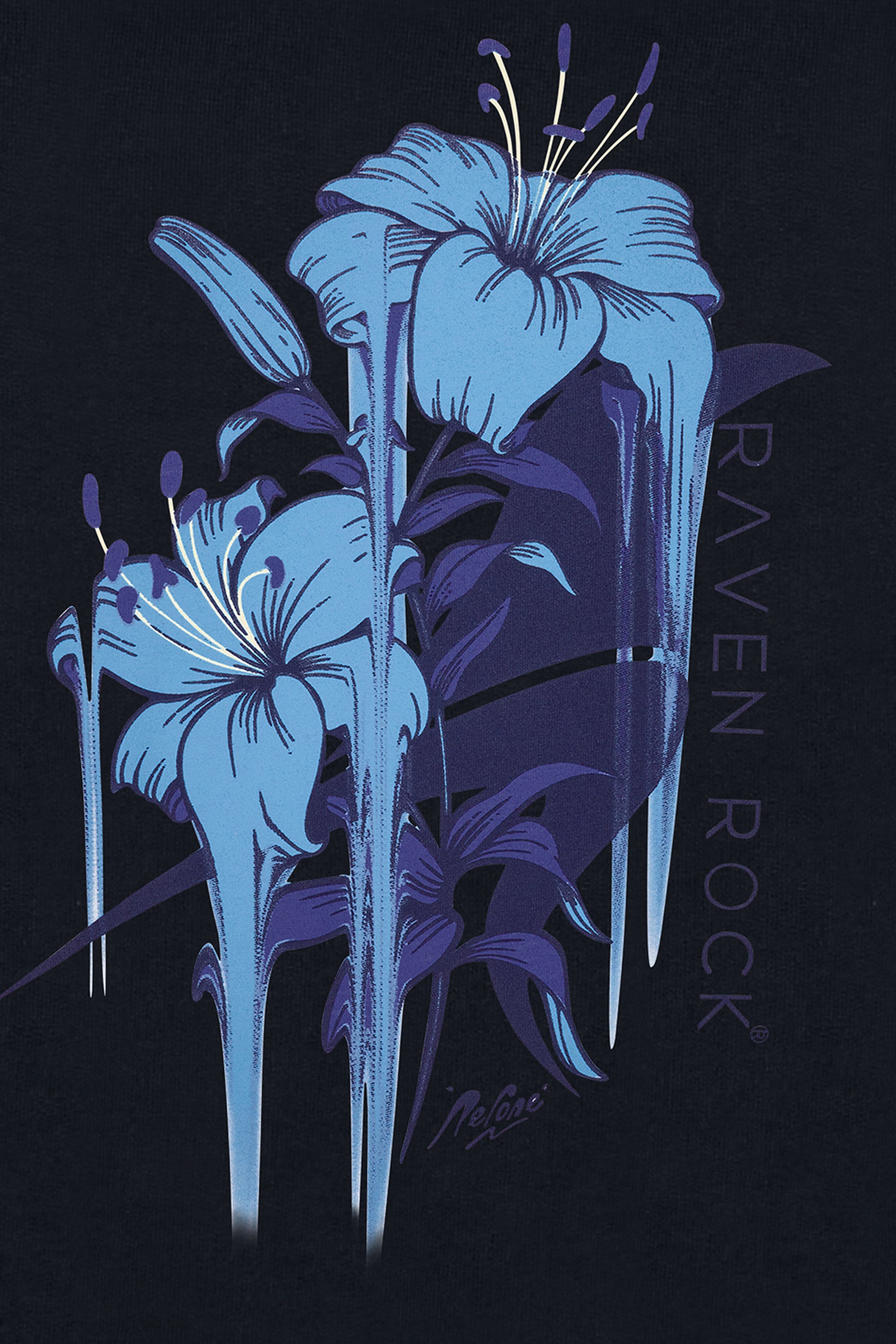 Close-up of Nerone floral print on back of black hoodie – luxury British-made charity hoodie