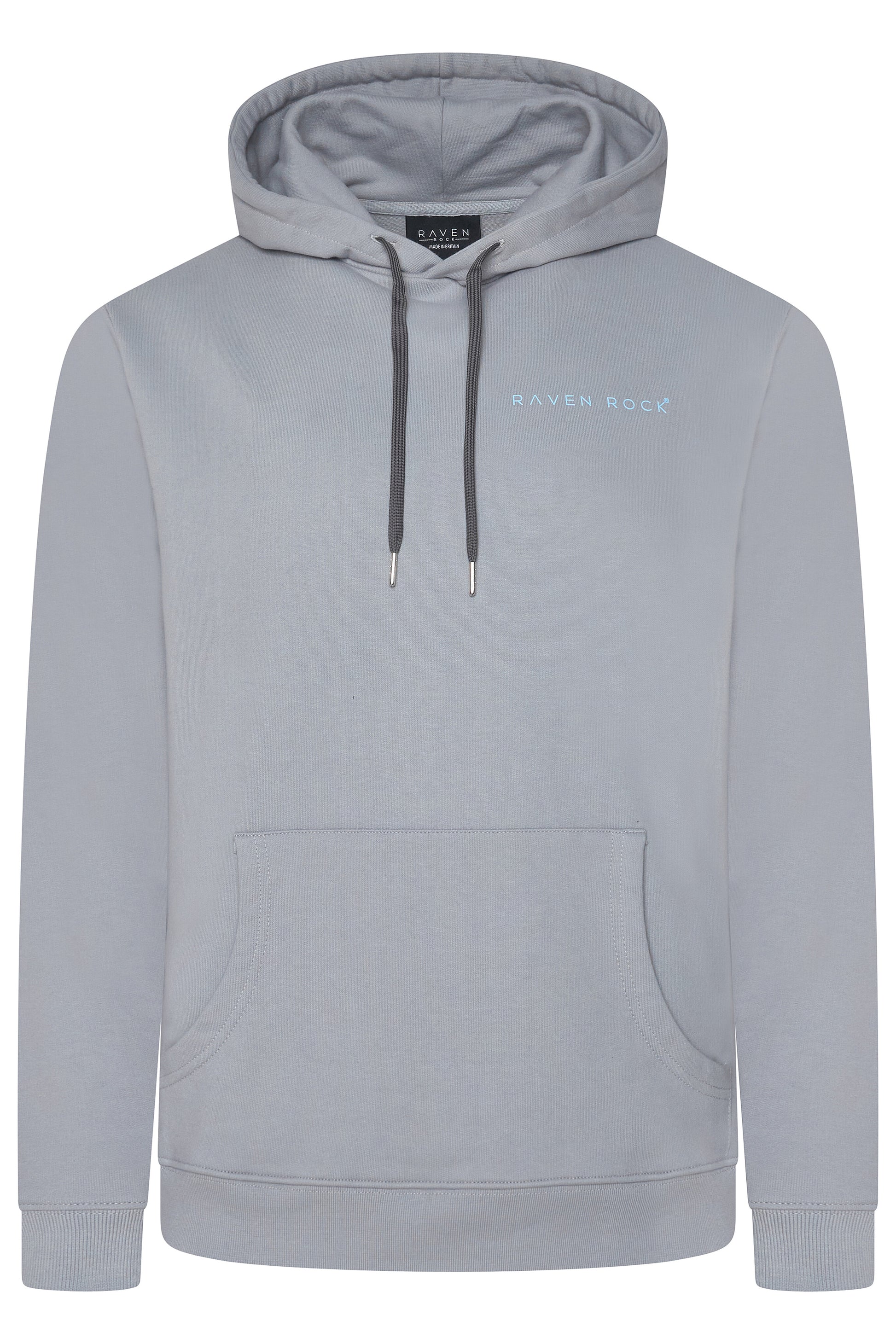 Front view of British-made grey hoodie with subtle RAVEN ROCK chest logo – RAVEN ROCK x Nerone collaboration
