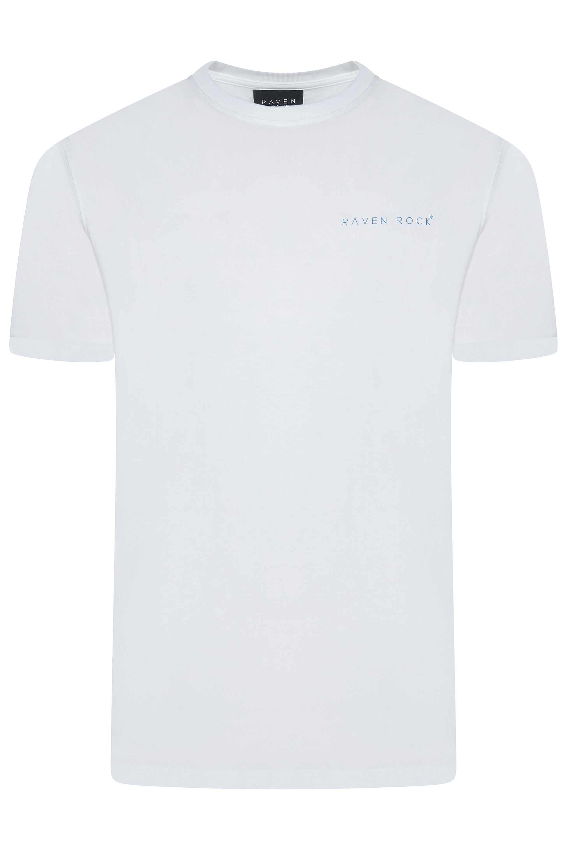 Front view of British-made white t-shirt with RAVEN ROCK chest detail – RAVEN ROCK x Nerone collection