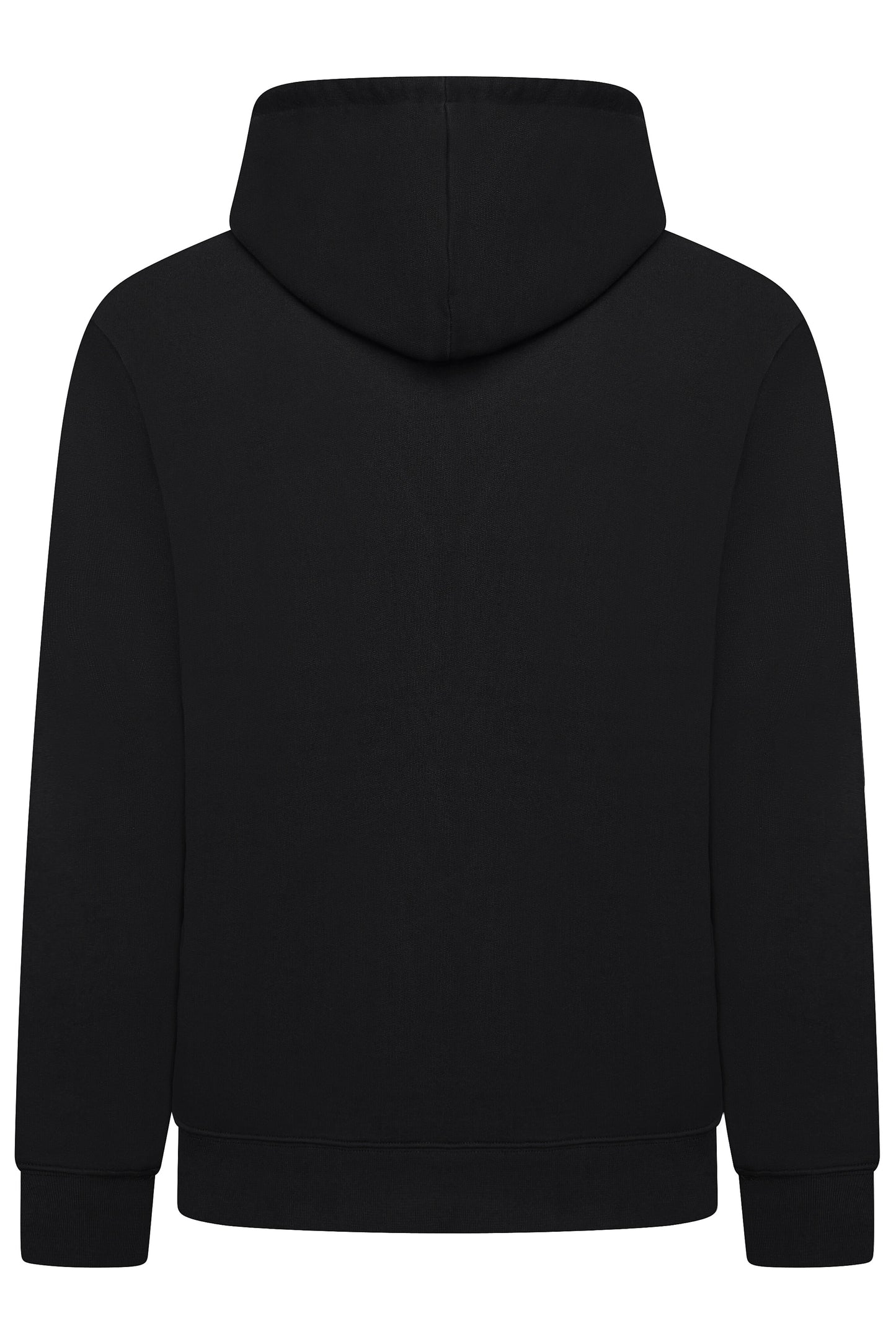 Black hoodie shown from the back on a white background