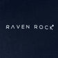 Close-up of RAVEN ROCK chest logo on navy hoodie – made in the UK from traceable cotton