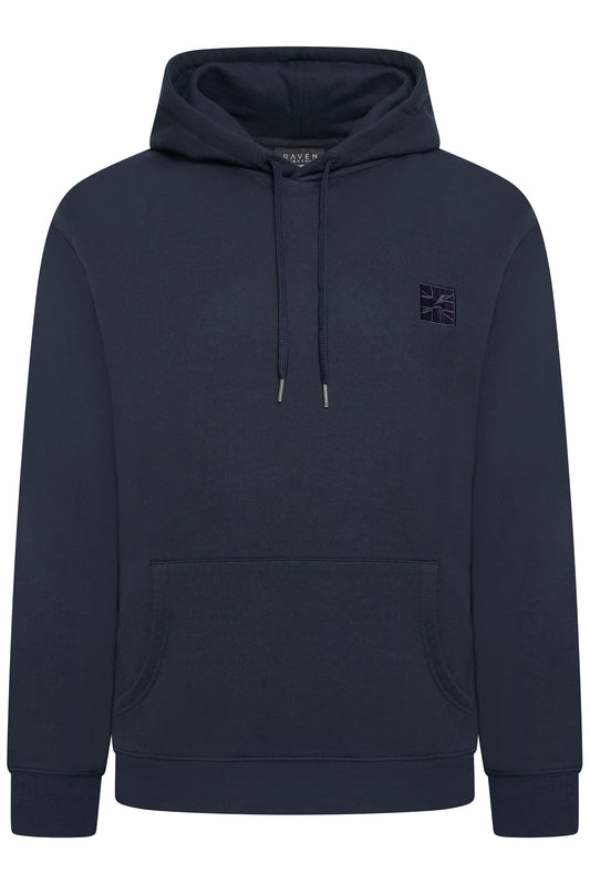 Men's navy hoodie British-made with embroidered badge and metal tag 