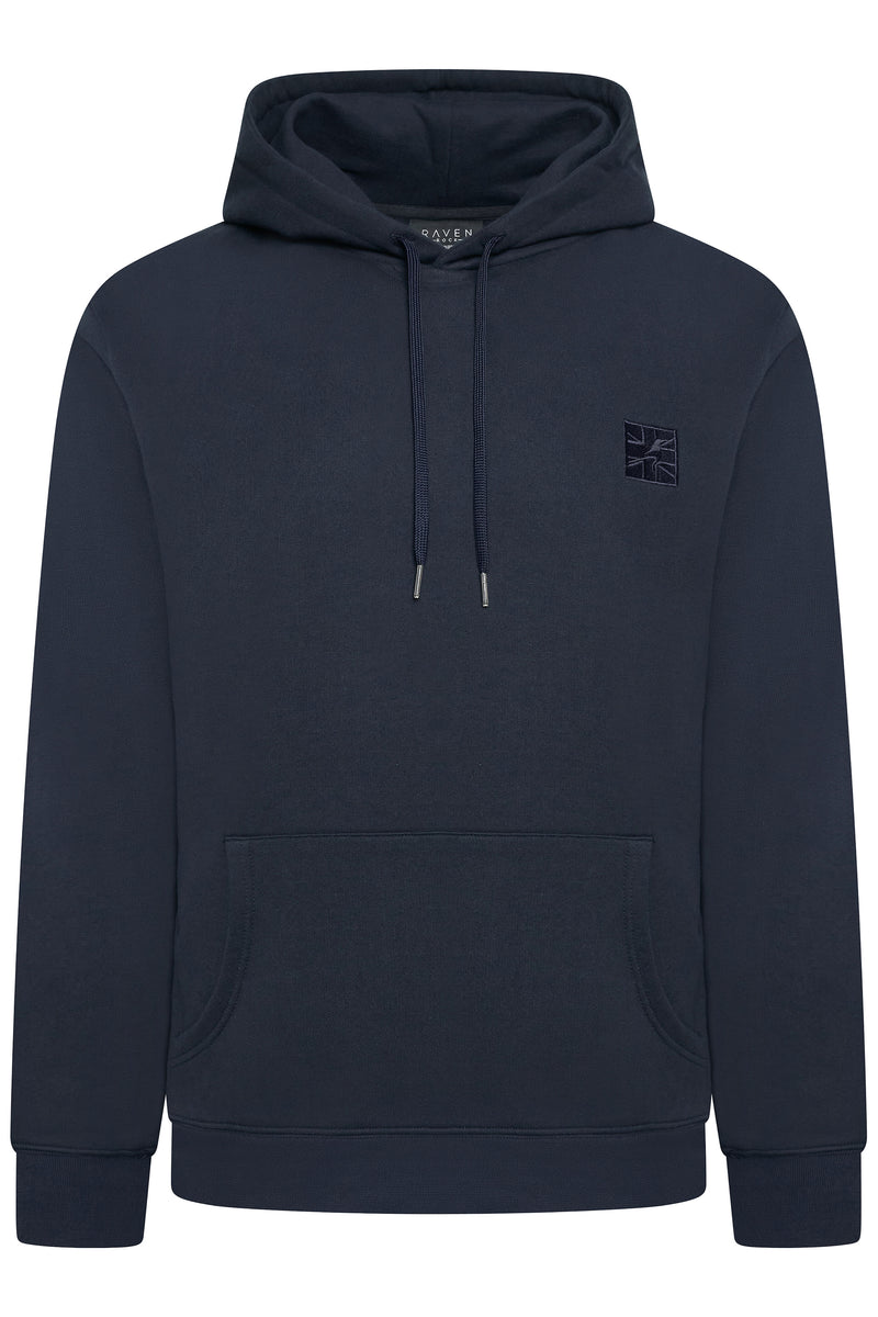 Men's navy hoodie British-made with embroidered badge and metal tag 