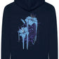 Back view of navy hoodie featuring Nerone floral artwork in blue