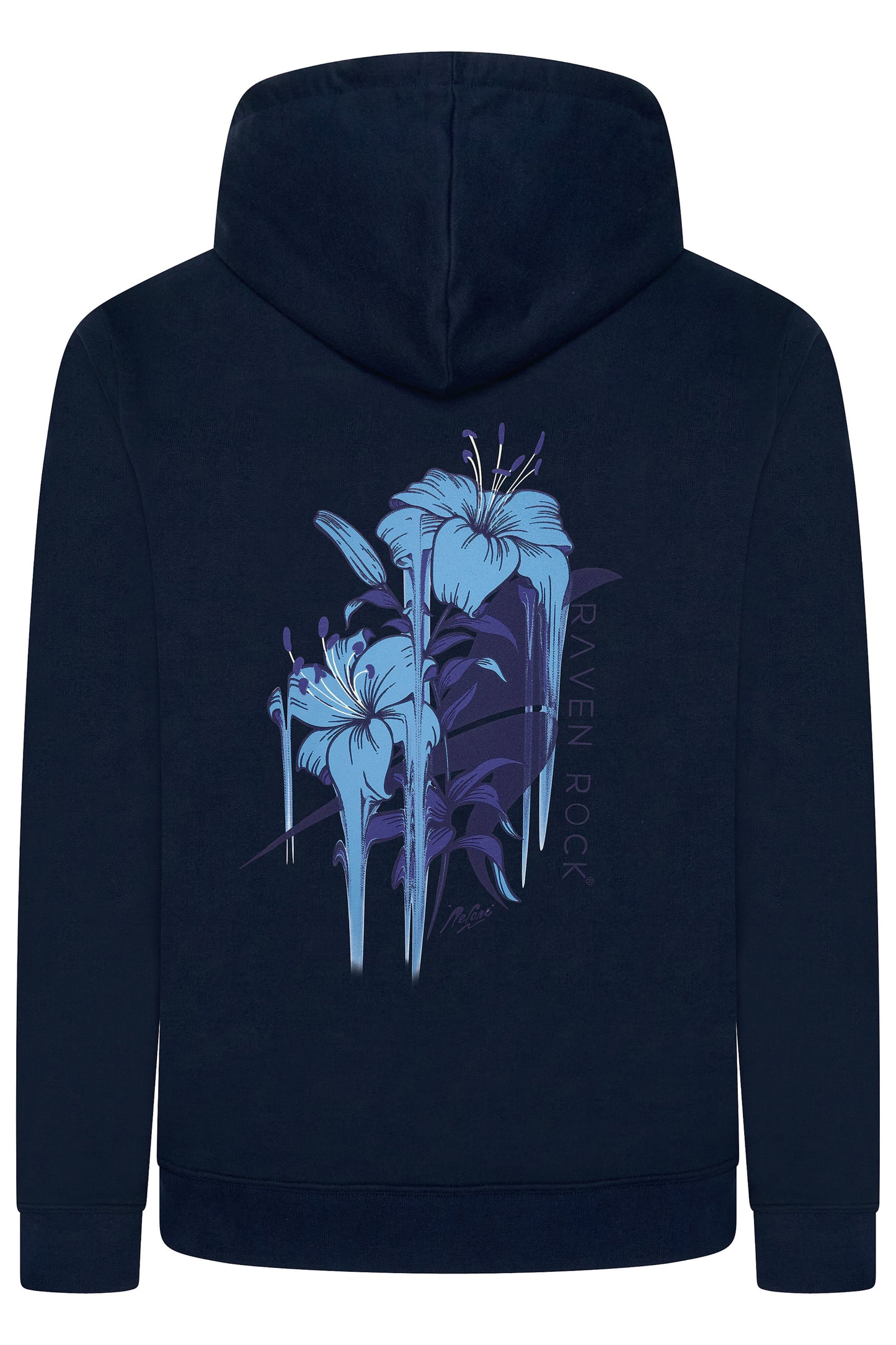 Back view of navy hoodie featuring Nerone floral artwork in blue