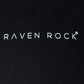 Close-up of RAVEN ROCK logo print on black hoodie – traceable cotton, made in Britain
