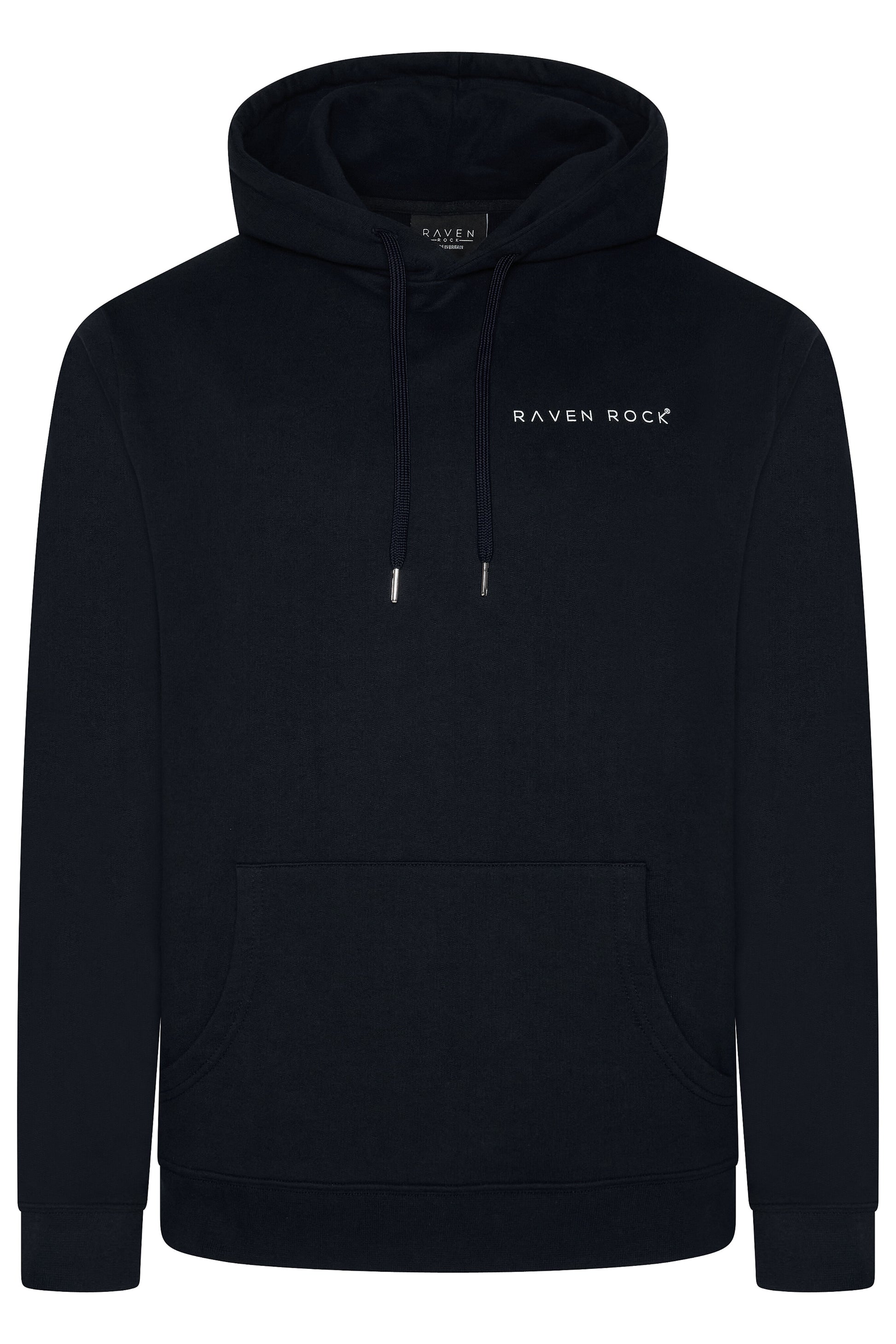 Front view of British-made black hoodie with RAVEN ROCK chest branding – Nerone x Winston’s Wish collaboration