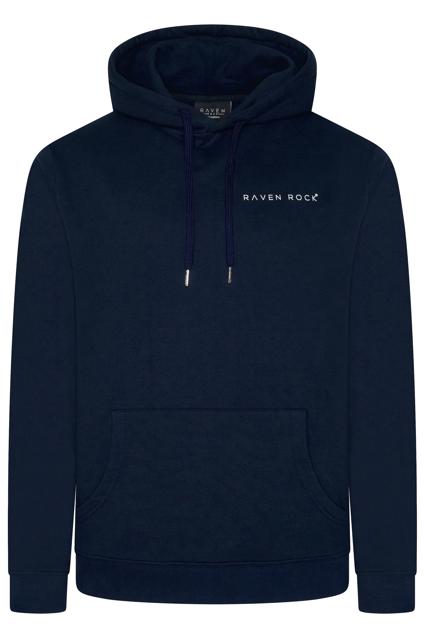 Front view of British-made navy hoodie with minimal RAVEN ROCK chest detail – RAVEN ROCK x Nerone