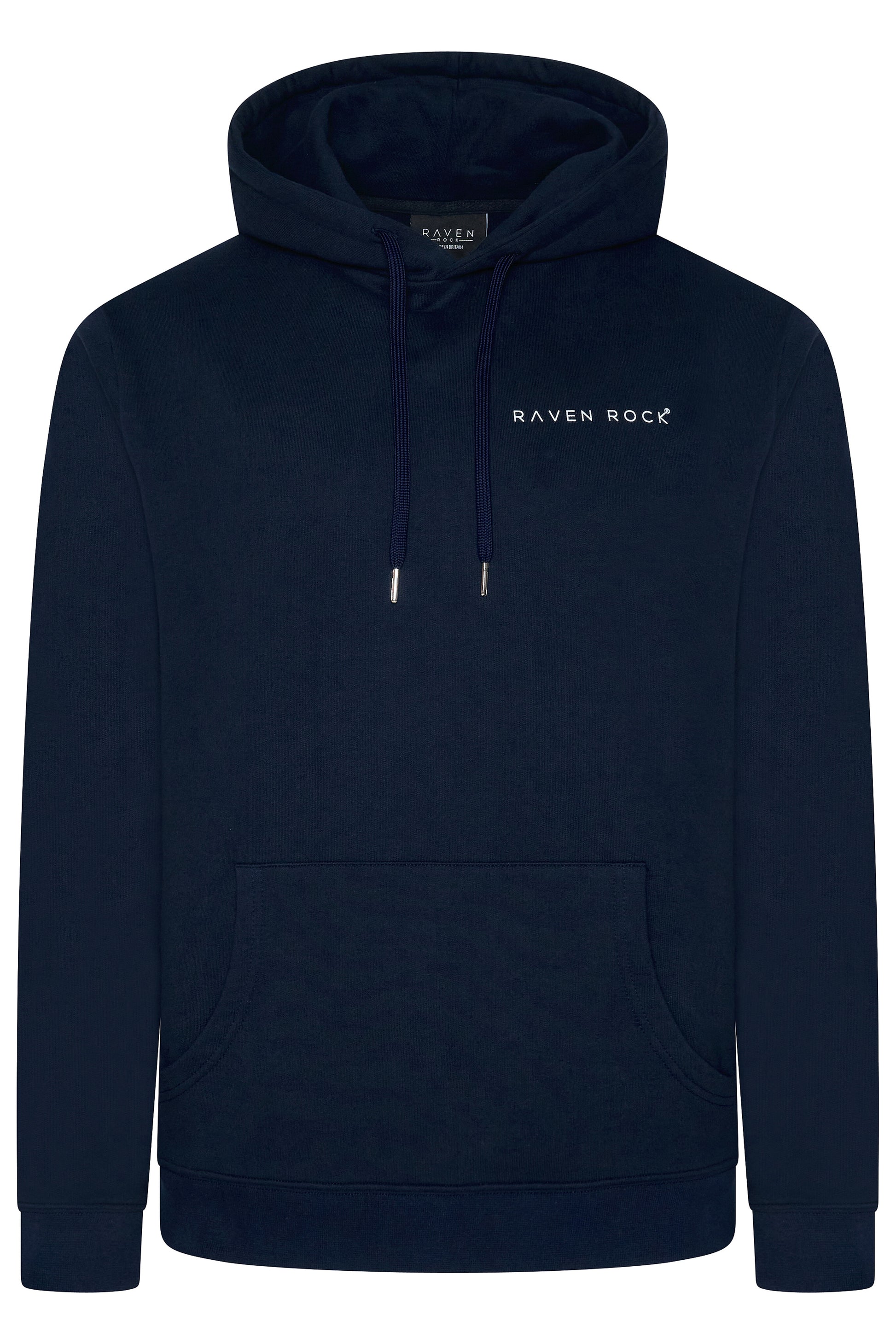 Front view of British-made navy hoodie with minimal RAVEN ROCK chest detail – RAVEN ROCK x Nerone