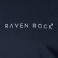 Close-up of subtle RAVEN ROCK chest logo on navy t-shirt – made in Britain, traceable cotton