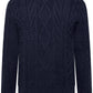 Back of navy blue cable knit sweater 