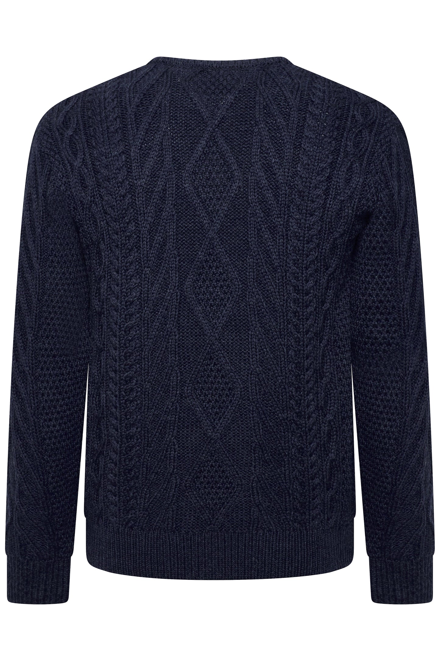 Back of navy blue cable knit sweater 