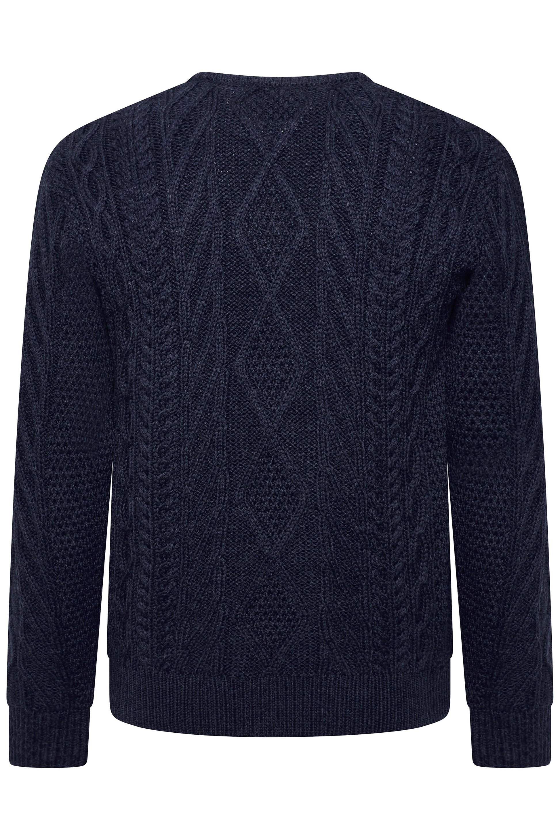 Back of navy blue cable knit sweater 