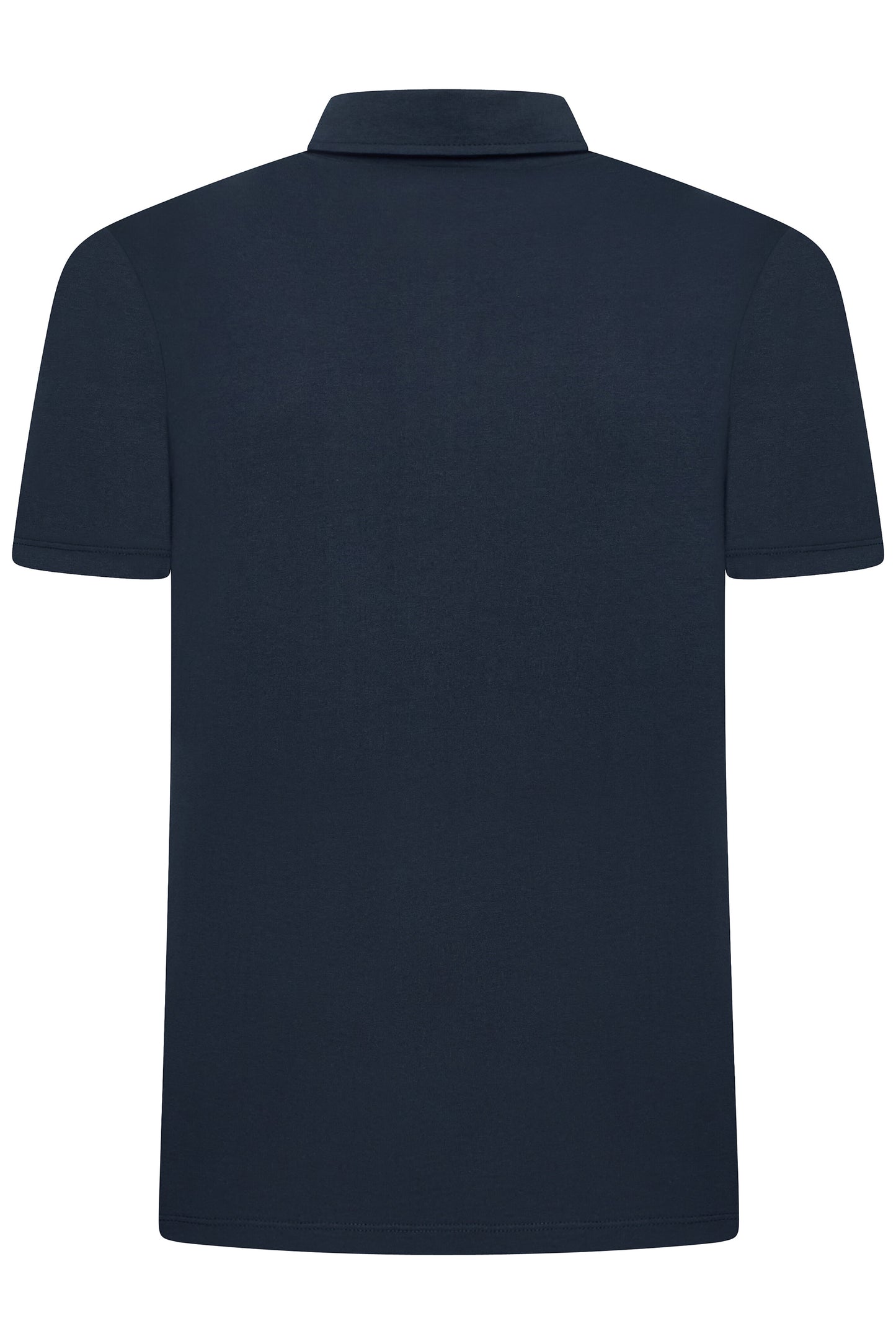 Back of navy blue polo shirt